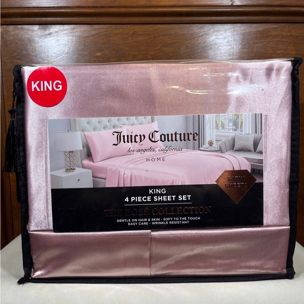 Juicy Couture pink rosé satin collection king size sheets Valentine’s Day